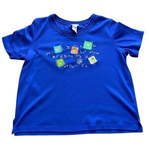 Koret Francisca Womens Royal Blue Embroidered Travel Tropical T-Shirt Large
